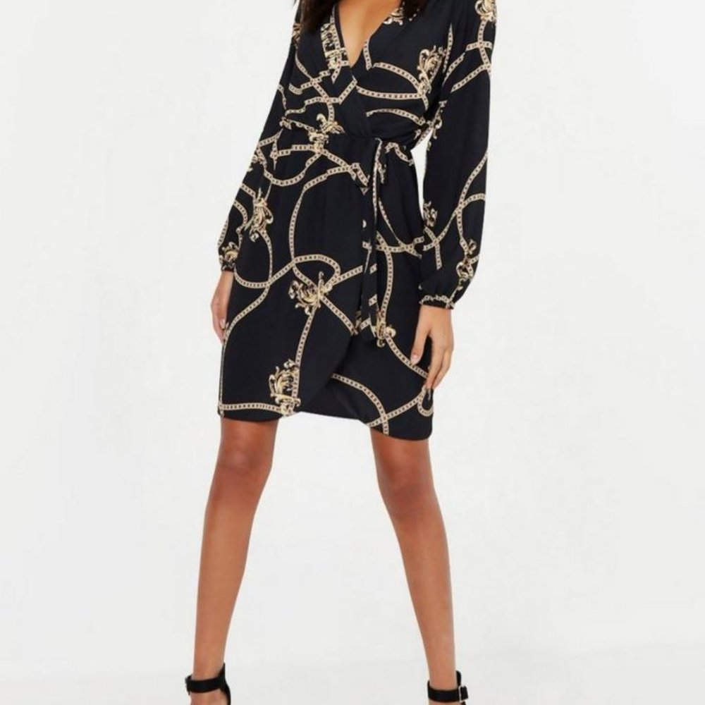 BLACK & GOLD WRAP PRINT MIDI DRESS